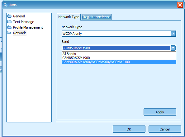 mobile partner -Tools - Options select network type and band